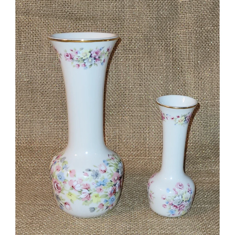 Vintage Ceramica Ibis Aveiro Portugal Floral Porcelain Vase Set Gold Rim 7¾